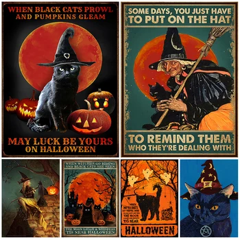 Fekete Macska Salemi Boszorkány Sötétség Művészet Plakát Nyomtatás Gótikus Vintage Boszorkány Wall Art Vászon Festmény Nappali Dekor Keret Nélküli