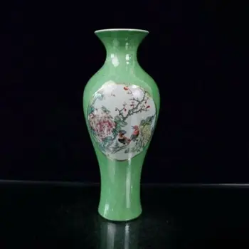 Kína régi porcelán Zöld Máz Pasztell Virág, Madár Mintás Váza