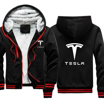 Férfi Kapucnis kabát téli bársony megvastagodása Meleg Kapucnis Vékony Tesla Autó Logó Nyomtatás Harajuku Férfi Ruházat