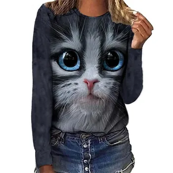 Nagy Szem, Aranyos Macska Nyomtatás Sasual T-shirt Őszi Női Divat O Nyakú Hosszú Ujjú Pulóver Maximum A 2021 Új Hot Levelet Macskák Tees
