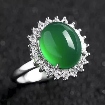 Természetes Smaragd Drágakő Nők Gyűrű, 925 Ezüst, Ovális, Virág Alakú Zöld Hetian Jade Ujját Ékszerek Anya, Feleség Ajándék Nyitott Gyűrű