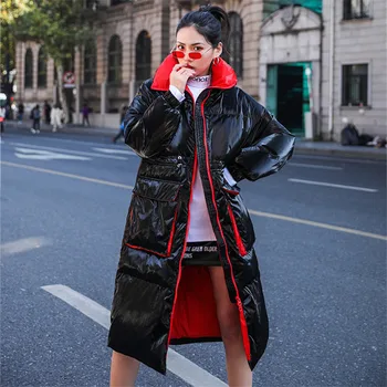 Koreai Fényes Téli Kabát Női Hosszú Meleg Bélelt Télikabát Női Fekete Gömb Kabátok, Alkalmi Kabát Női Streetwear