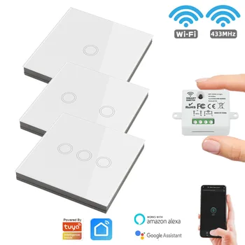 Tuya Smart Switch, WiFi, 433MHz Kapcsoló Vezeték nélküli Érintse meg a Gombot A Falon Panel Kapcsoló 220V 10A Időzítés Modul az Alexa Alice