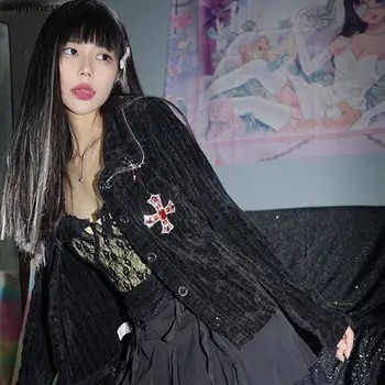 Kereszt strasszos kötött kardigán fekete y2k szexi punk gótikus női rövid kabát rock streetwear fekete kabát, női téli kabát