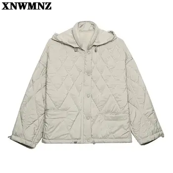 XNWMNZ 2021 Őszi Téli Női Divat Vintage Kockás Parka Kabát Alkalmi Zsebbel Pamut Kabát Laza Outwear Női Felsők