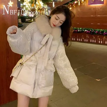 Téli Outwear Nagy Műszőrme Gallér Nők Zubbonyok 2020 Új Koreai Laza Női Kabát