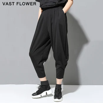 Fekete, Magas Derék Sarouel Nők Koreai Stílus Rakott Zsebbel 2021 Nyári Laza Alkalmi Női Nadrág Pantalon Streetwear