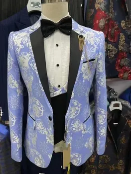 Személyre szabott vőlegény világoskék jacquard esküvői ruhák férfi slim 3-darab ember üzleti parti divat Férfi Zakó Kabát + mellény +nadrág