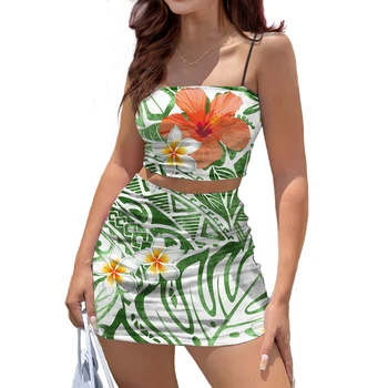 HYCOOL Nagykereskedelmi Világos Zöld Polinéz virágmintás Legnépszerűbb Női Ruhák Két darabos Készlet Hölgy Szexi Plus Size estélyit