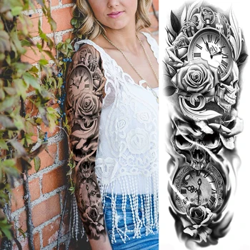 Kreatív Fekete Nagy Óra Ideiglenes Virág Tetoválás A Férfiak a Nők 3D-s Body Art Teljes Kar Hüvely Tetoválás Vízálló Hamis Tetoválás Matrica