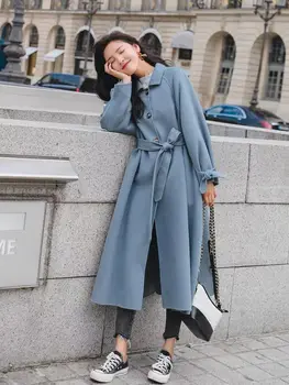 Kék Gyapjú Kabát 2021 Őszi Téli koreai Szilárd Turn-gallér Nők Elegáns Kabát OL Szárnyak Egy-line Női Lámpás Ujja Outwear