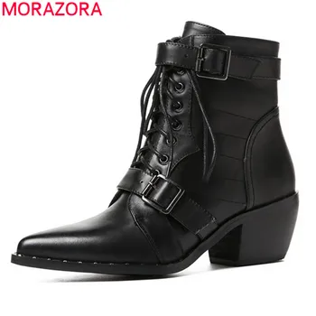 MORAZORA 2021 plus size 33-42 őszi téli boka csizma divat csat western csizma, valódi bőr fekete színű női cipő