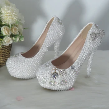 BaoYaFang Fehér gyöngy, Gyöngyök Női Esküvői cipő Menyasszony Magas sarkú party ruha Magas platform cipő a Nő Kerek Toe Sekély Szivattyúk