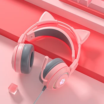 Rózsaszín Macska Fülét Gaming Headset Levehető Macska Fülét Led Headset zajszűrős Mikrofon PC Xbox PS5 Lányok Ajándékok