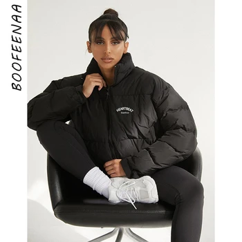 BOOFEENAA Zip Fel Vágva Puffer Kabátok Női 2021 Téli Felsőruházat Levelet Hímzéssel, Fekete Buborék Kabát Streetwear C71-FG55