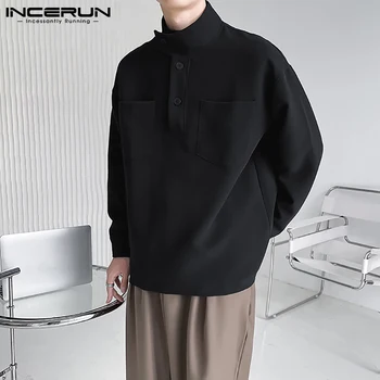 Maximum 2021 Jól Illeszkedő Új Férfi Blouese fény Luxus Alkalmi Streetwear Stílus INCERUN Fél-magas Gallér, Hosszú ujjú Pólók S-5XL