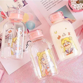 450ml Sailor Moon Cifra Aranyos Csésze Fedő, Illetve Szívószál egyszer használatos Palackok Kreatív Ajándékok Drinkware Rajzfilm Aranyos Víz Üveg