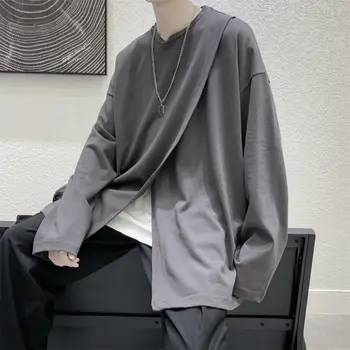 férfi t-shirt Tavaszi hongkongi stílus hosszú ujjú póló koreai jóképű laza elvágta top trend nyomtatás oversize férfi ruha