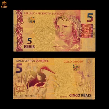 Színes Emlék Arany Pénzt Papír Brazília 5 Reál Bankjegy a 24 karátos Arany Bevonatú Papír Valuta Gyűjtemény