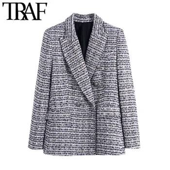 TRAF Női Divat Tweed Dupla Soros Blézer Kabát Vintage Hosszú Ujjú Fedél Zseb Női Felsőruházat, Elegáns Veste Femme