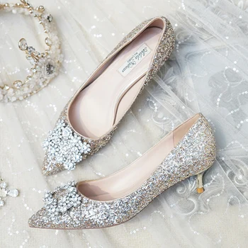 Esküvői cipő 2020 új téli esküvő alacsony sarok 3cm terhes menyasszony cipőjét sequin esküvői ruha kristály magassarkú női cipő