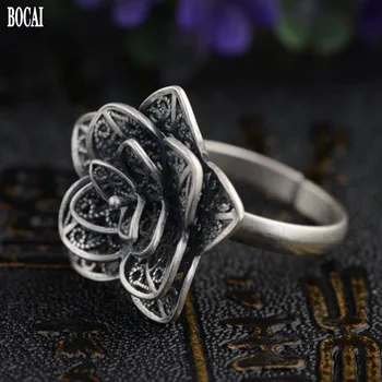Új valódi szilárd S990 tiszta ezüst ékszerek matt Thai ezüst kézműves gyűrű a nők állítható filigrán rózsa nő, ezüst gyűrű