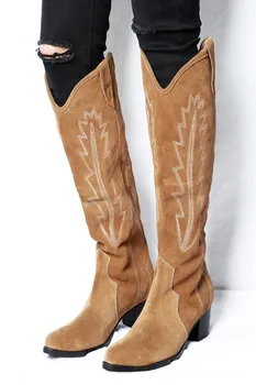 2019 Futópálya cowboy csizma női hímzett csúszik a térd magas hajók velúr bőr magas sarkú téli cipő nő nyugati cipők