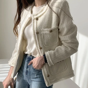 Tweed egysoros Gyapjú Kabát Női Outwear Ruha Elegáns ÚJ Szilárd Kardigán Kabát Keverék 2021 Luxus Kabát Téli Gyöngyfűzés