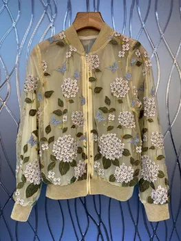 Legújabb Divat Kabátok 2021 Őszi Téli Divat Bomber Kabát Női Kézzel Készített Hímzés, Gyöngyfűzés Háló Alkalmi Vintage Kabátok