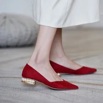 2021 Divat a Nők Állomány a Slip Cipő Pearl Hajó Cipő Sarok Hegyes Toe Női Cipő, Piros Tavaszi Őszi Zapatos Mujer