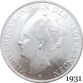 Hollandia 1931 2½ Guldent Wilhelmina én WILHELMINA SZÁLLÁS NEDERLANDEN Cupronickel Ezüst Bevonatú Másolás Érme A Levél Széle