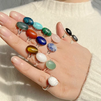 Évjárat Színes Ovális Quartzs Gyűrűk A Nők Saját Készítésű Természetes Kő Ütötte A Gyűrűt Ezüstös Állítható Kötél Csehország Ékszerek Fél Ajándék
