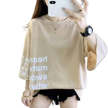 Harajuku pamut túlméretezett Alkalmi, Rövid Ujjú Nő Tshirts koreai stílus Női póló Nyári levél nyomtatás Maximum Női póló