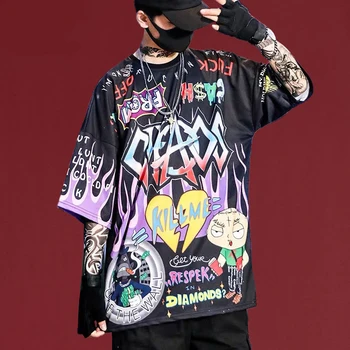 Funko Pop Japán divat hip-hop graffiti túlméretezett póló férfi ins nyáron az új trend, hogy a fiatalok laza fél ujjú top minőség