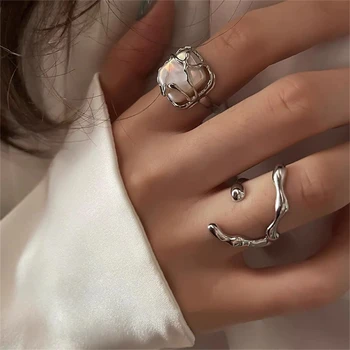 2022 Kpop Vintage Trendi Tér Édesvízi Gyöngy, Állítható Gyűrű Női Elegáns, Ezüst Színű Gyűrűk Ujját Esztétikai Ékszerek