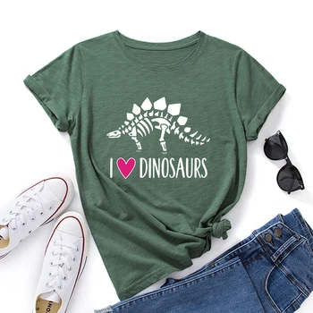 Szeretem, Aranyos Dinoszauruszok Fosszilis Dinoszaurusz Csontváz Póló Női Rövid Ujjú Pamut póló Nyári Graphic Tee Felsők, Női Ruha