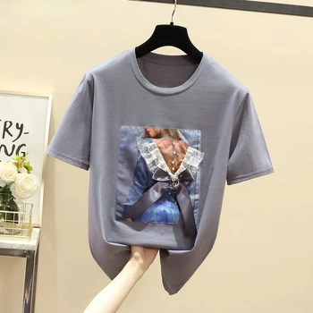 A nők Laza Appliqués Vicces Nyári Túlméretezett póló Lány Pamut Felsők Alkalmi Harajuku Plus Size 4xl 2021