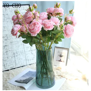 YO CHO 3 Fej Mesterséges Virágok Fehér Bazsarózsa Selyem Virágok Vörös Rózsa Mesterséges Virág, Csokor, Esküvő Dekoráció, Otthon Hamis Virágok