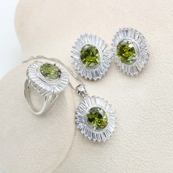 Olajbogyó Zöld Cirkon Ezüst Színű Ékszer Szett Női Fülbevaló Nyaklánc Medál Gyűrű, Esküvői Karácsonyi Ajándék
