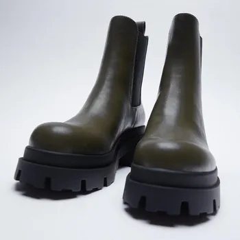 A nők Chelsea Boots 2021 Téli Meleg Szőrme-Bőr Csizma Fekete Retro Zöld Boka Csizma Női Platform Cipő Női Vastag Sarkú