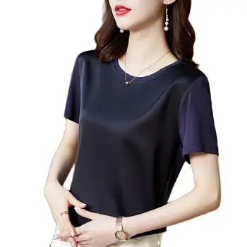 Nyári koreai Divat Selyem póló Női Vintage Szatén Felsők Női Rövid Ujjú, Laza Office Lady Ing