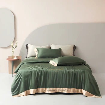2021 Négy részes ágynemű egyszerű 100% tencel lyocell rost ágyba, a takaró takaró fedél hímzett twill kényelmes ágy zöld szín