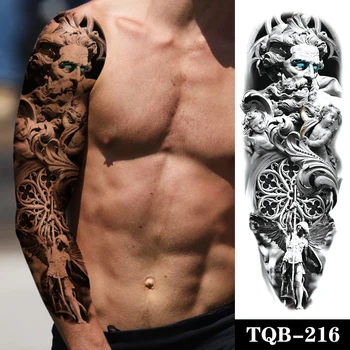 Fekete Tetoválás Harcos Zeusz Kék Szem Farkas A Varjú Kard Vízálló Ideiglenes Tetoválás Matrica Angyal Szárnyak Férfiak Nők Teljes ArmTotem Tatto