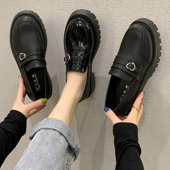 2021 Új Nők Oxford Cipő Bőr Csúszik a Cipő szíve Fém Csónak Cipő Vaskos Női Alkalmi Cipő zapatos mujer Fekete cipő