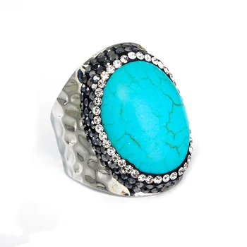 Luxus Design Ékszerek Természetes Ovális Kék Turquentine Kő Egyengetni Strasszos Színes Fém, Állítható Nyílt Unisex Gyűrű