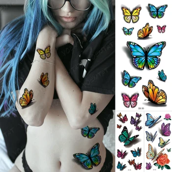 Vízálló Ideiglenes Tetoválás Matrica Kék sárga pillangó Hamis Tatto Flash Rózsa Tetoválás Body Art 3D Lány Nők