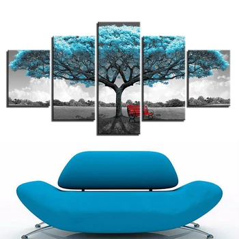 Vászonra Nyomtatott Festmény Lakberendezés 5 Darab Kék Nagy Tree Kép Táj Poszter Piros Szék Wall Art Nappali Keret