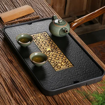 Modern Luxus Tea Tálca Kínai Fekete Kő, Réz Lefolyó Tea Tálca Szertartás Kézzel készített Bandeja Comida Konyha Teaware DE50CP