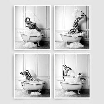 Fekete-Fehér Állat, Elefánt, Zsiráf, Fürdés Plakátok Vászon Festmény Fal Művészi Nyomatok Képet Fürdőszoba Interior lakberendezés