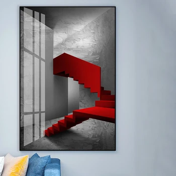 A Modern Skandináv Vörös Lépcsőn Fekete-Fehér tájképek Épület olajfestmény, Vászon Wall Art lakberendezési Cuadros